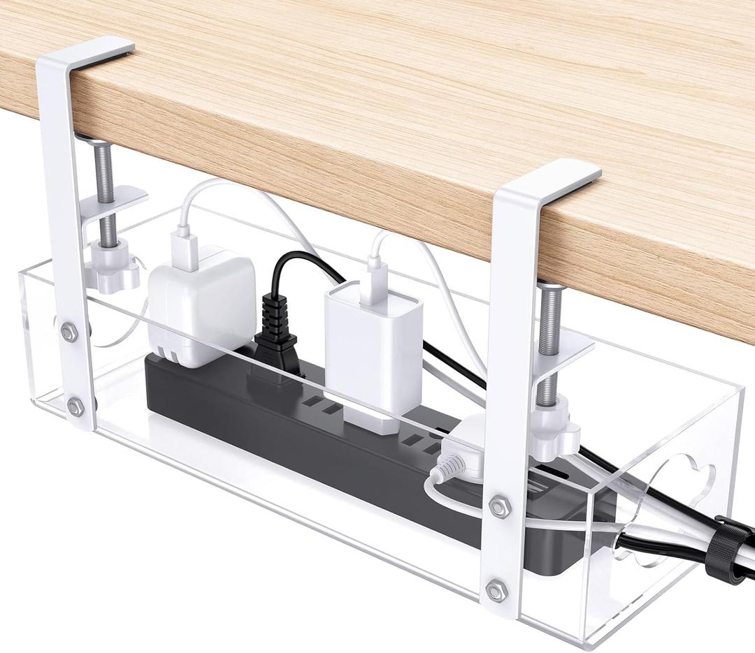 Acrylic Under Desk Cable Management Tray, OMOTON Neat and Smooth Cable Organizers with Clamp for Wire Management,2 Hole Under Desk Storage, Clear