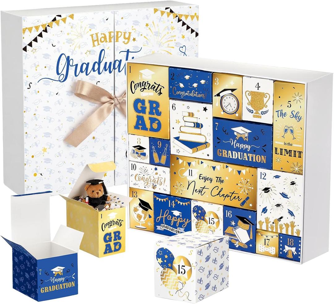 18 Days Graduation Countdown Calendar Gift Box 2026 Empty Graduation Paper Advent Calendars to Fill DIY Grad Surprise Gift Box for Her Him High School College, Gifts Not Included(Blue Gold)