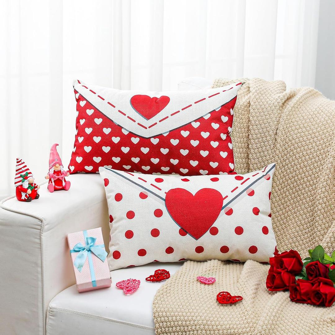 2 Pcs Valentines Day Pillow Cover 12 x 20 Inch Envelope Throw Pillow Cover Red Heart Polka Dots Farmhouse Cushion Case Anniversary Wedding Cushion Case Decoration Gifts for Sofa Couch Bed