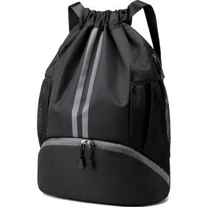 Hoedia Sports Drawstring Backpack - String Swim Gym Bag with Shoes Compartment and Wet Proof Pocket for Women&Men (Large, Black)