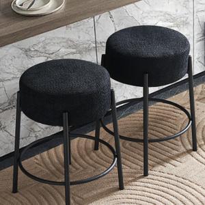 24" Black Boucle Bar Stool Set of 2, Upholstered Dining Room Chair Barstools Backless Seat for Dining Room, Bar(Black Leg)