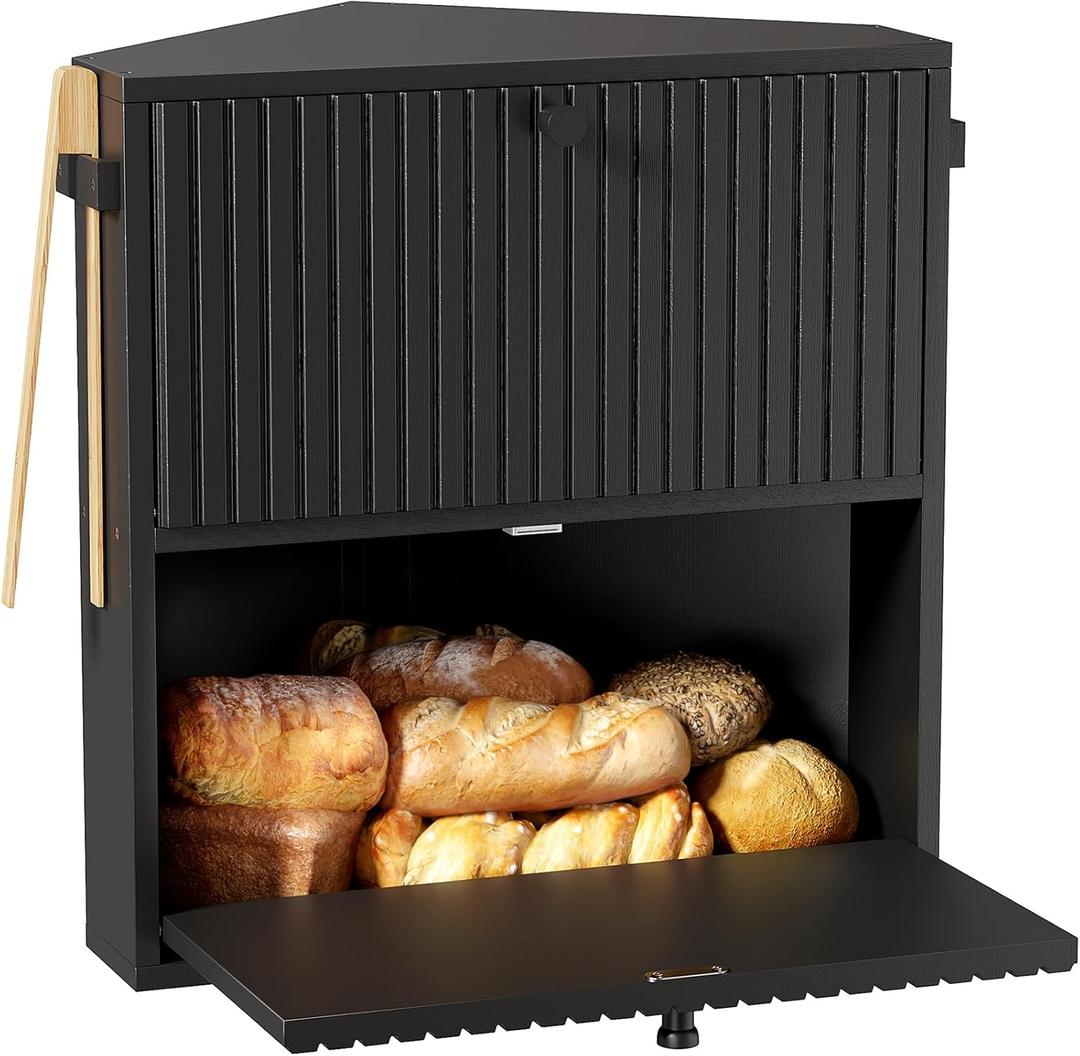 WOWLIVE Corner Bread Box for Kitchen Countertop, Large Vintage Bread Storage Container Bin for Homemade Bread, Double Layer Farmhouse Bread Holder for Kitchen, Cabinet, Pantry (Black, Extra Large)