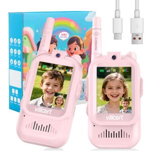 Kids Video Walkie Talkies for Age 3-12Rechargeable Radios with Screen, Voice Changer, Long Range - Christmas Birthday Gifts for Girls (Pink+Pink)