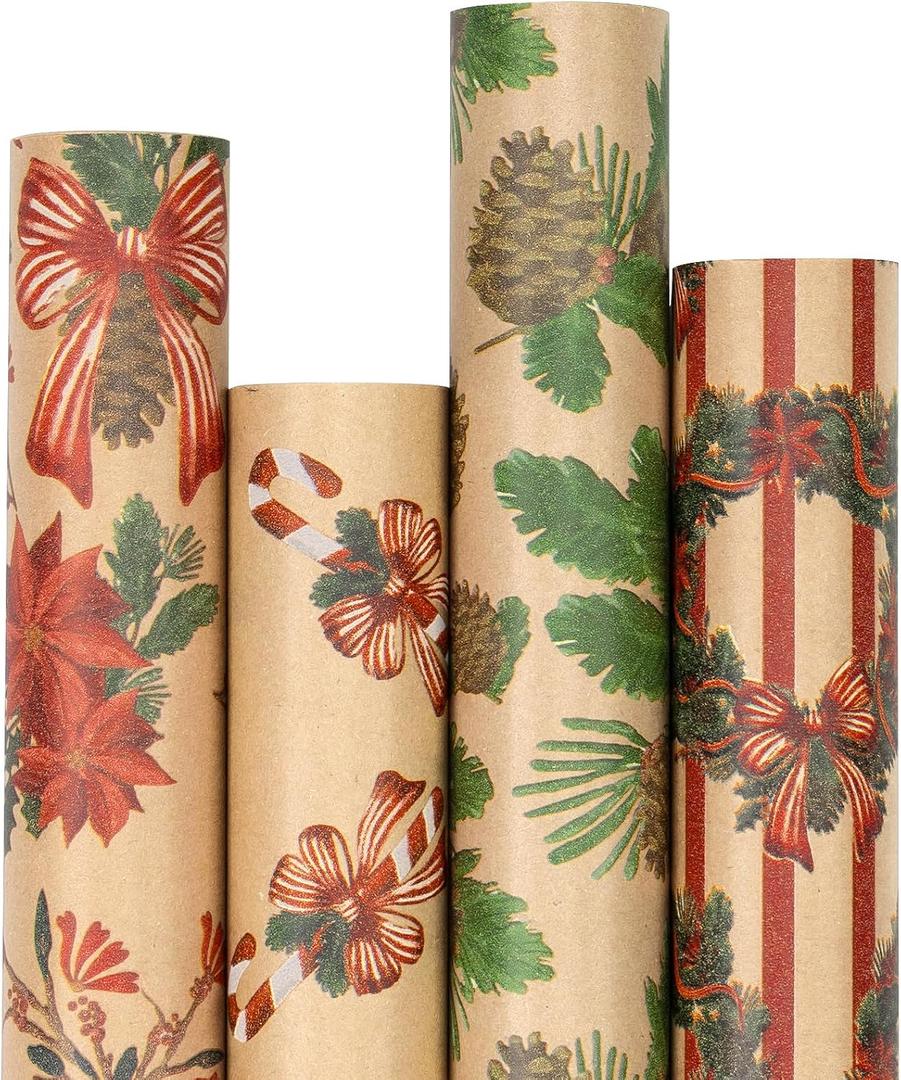 RUSPEPA Kraft Christmas Wrapping Paper Set, Jumbo Roll, Vintage Red Bow, Wreath, Poinsettia, Pine Cone & Candy Cane Design Gift Wrap for Xmas Rustic Holiday, 4 Rolls, 30 Inches x 10 Feet per Roll