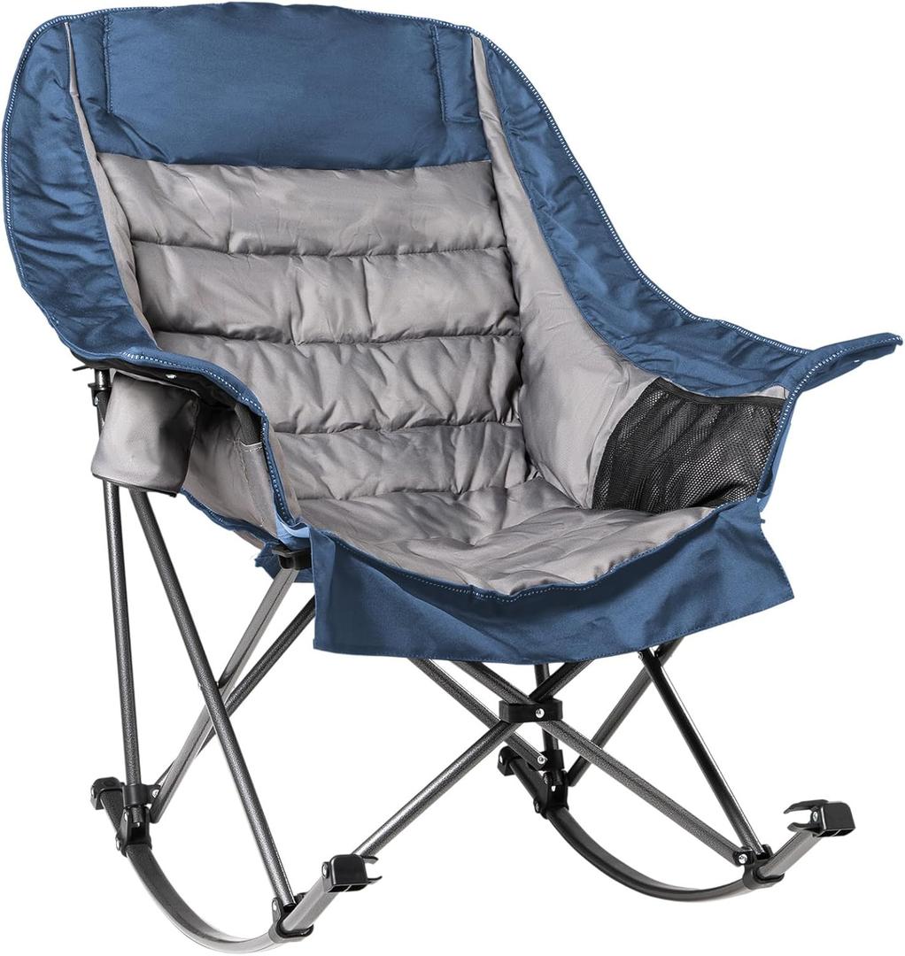 Oversized Rocking Camping Chair for Adults - 400lbs Capacity Padded Camp Chair with Cup Holder, Portable Foldable Outdoor Rocker Chair for Camping, Backyard, Patio (Blue & Gray) (1 PCS)