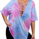 SOFIA'S CHOICE Oversized Tshirts for Women Cut Out V Neck Tie Dye Shirt Summer Short Sleeve Tee Pink TD Small