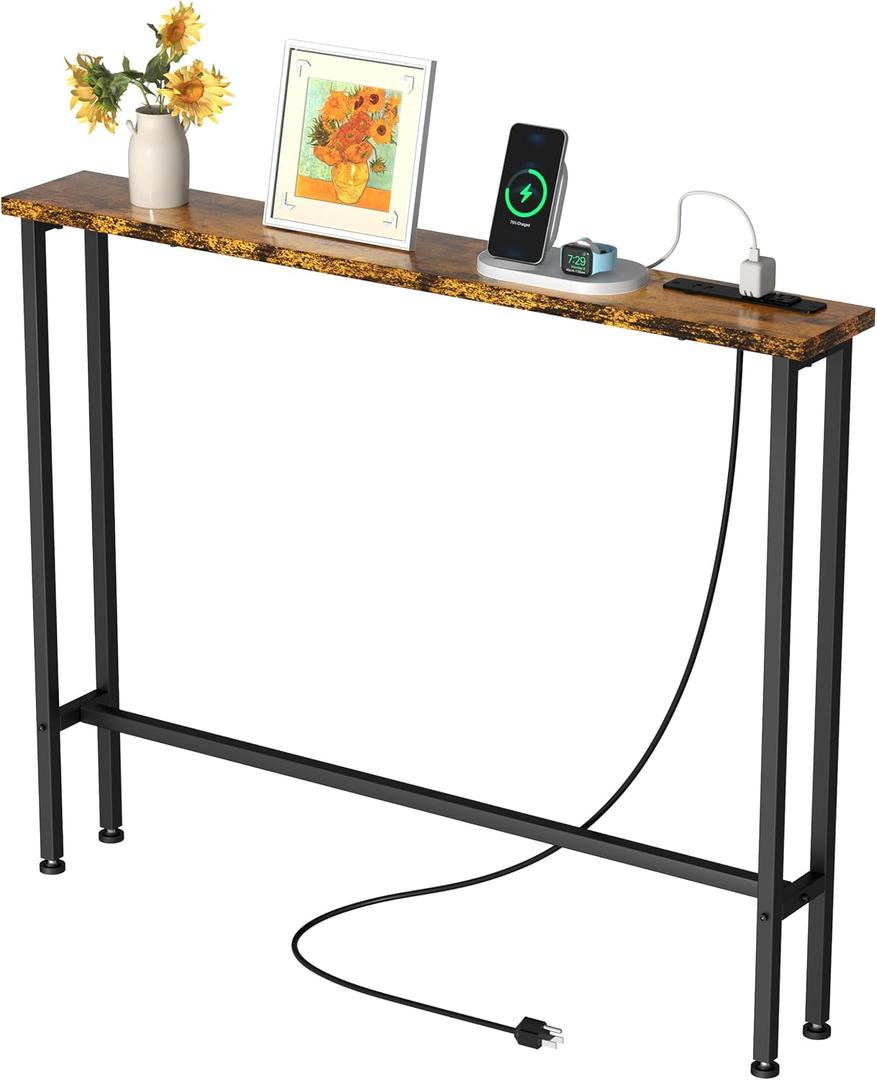 GRLEAF 39" Narrow Console Sofa Table with Built-in Power Strip (2 AC Outlets & 2 USB Ports) 4.9ft Power Cord, Metal Frame, Easy Assembly, Ideal for Behind Couch, Hallway, and Office | Rustic Brown