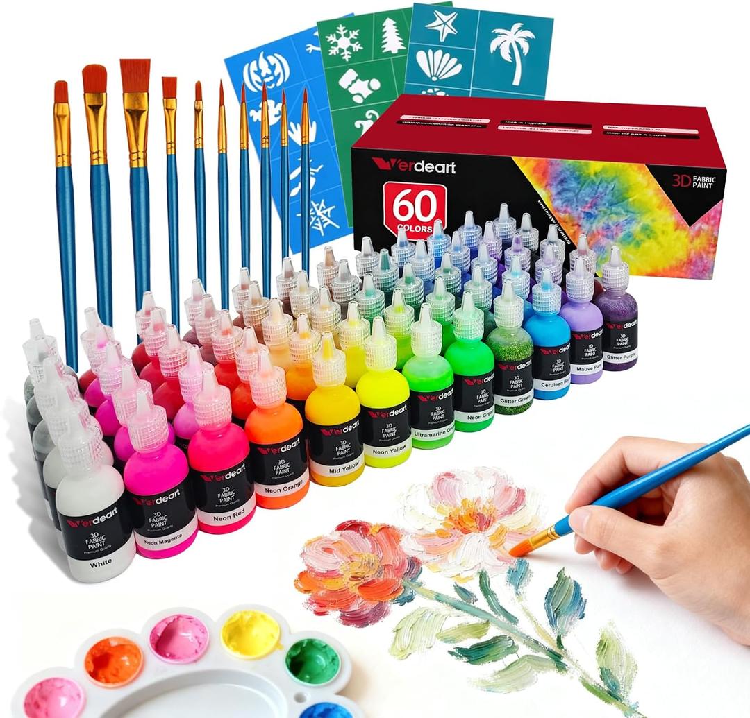 60 Color Fabric Paint Set 3D Puffy Permanent Textile Paint for T-Shirts, Jeans & Crafts with 10 Brushes, Palette and 3 Stencils