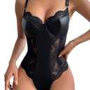 Lilosy Sexy Leather Underwire Push Up Floral Lace Sheer Corset Lingerie Women Teddy Bodysuit Bustier Top One Piece L