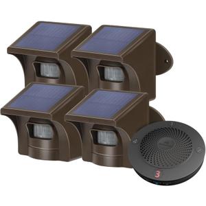 eMACROS Solar Wireless Driveway Alarm - 1/2 Mile Long Range Outdoor Motion Sensor & Detector, Weatherproof Security Alert System, Plug in to Use, Ideal Gifts for Christmas (1 Base with 4 Sensors)