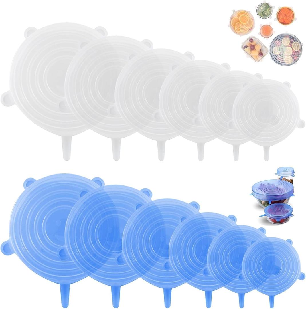 Silicone Stretch Lids  12 Pack Reusable Food Covers,Flexible Silicone for Bowls, Containers, Fruits  Airtight & Leakproof Seal for Kitchen Storage (Transparent & Blue)