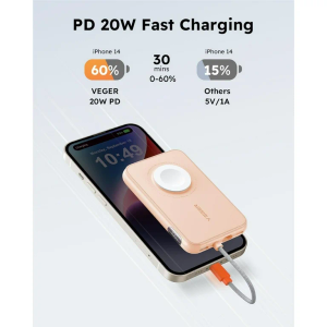VEGER Portable Charger for iPhone with Built in Cable, 5000mAh Mini Power Bank Battery Pack, PD 20W Fast Charger Travel Accessory Compatible with iPhone 15/14/13/12/Pro Max, Apple Watch Series-Pink