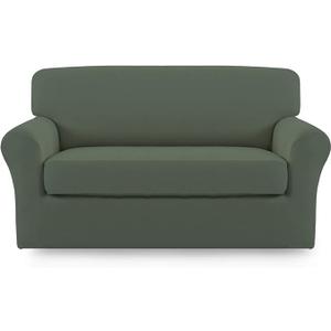 Easy-Going 2 Pieces Microfiber Stretch Sofa Slipcover – Spandex Soft Fitted Sofa Couch Cover, Washable Furniture Protector with Elastic Bottom Kids, Pet (Loveseat, Greyish Green)