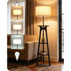 3 Tier Shelf Floor Lamps, Wood Tripod Floor Lamp, Large Linen Lampshade, 3 Color Temperature LED Bulb Included, Modern Shelf Floor Lamp for Living Room Bedroom Beige and Black BE25LD05
