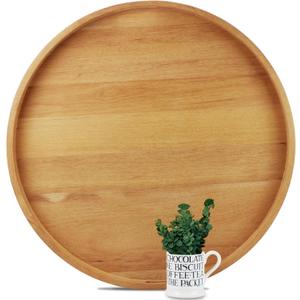 26" Extra Large Round Teak Wood Ottoman Tray with Handles