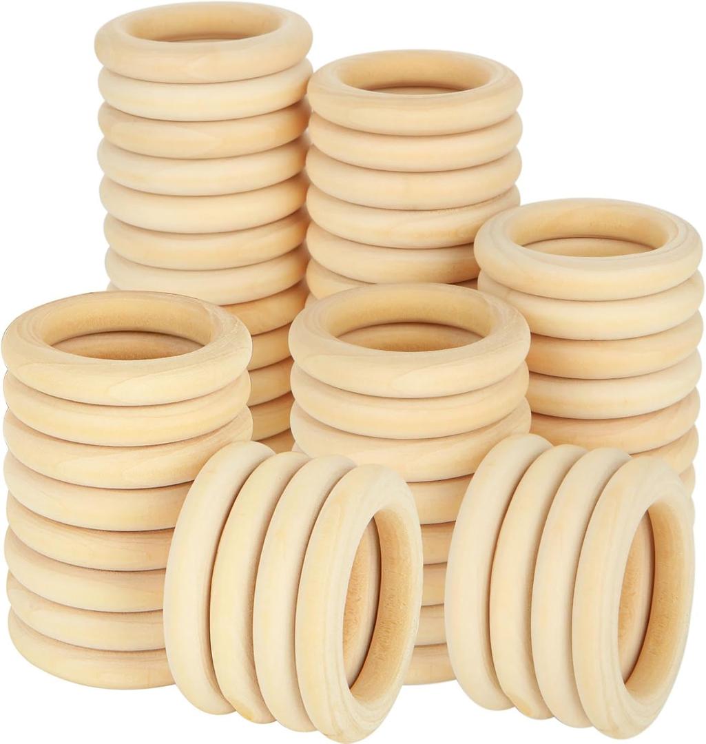 50PCS 3 inch Wood Rings for Crafts 70mm Unfinished Wood Rings Natural Wood Macrame Rings Solid Wood Rings for DIY Crafts, Connectors Jewelry Making