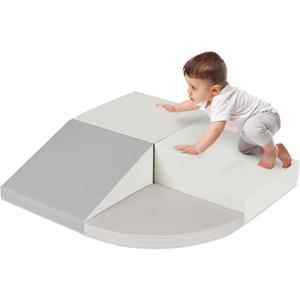 Foam Climbing Play Set – 3-Piece Soft Play Blocks (Stairs, Cube, Quarter Circle). Includes square foam pieces: Stair piece – 15.5" L x 16" W x 8" H (4" step height); Cube – 15.5" x 16" x 8"; Quarter circle – approx. 15.75"–16" radius, 25" arc length, 2.375" thickness