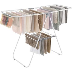 SONGMICS Clothes Drying Rack, with Sock Clips, Metal Laundry Rack, Foldable, Space-Saving, Free-Standing Airer, with 2 Height-Adjustable Gullwings, Indoor Outdoor Use, White and Gray ULLR052W02, 21.7"D x 58.3"W x 39.4"