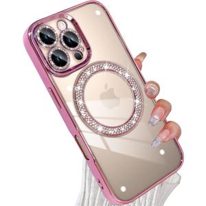 tharlet Magnetic for iPhone 16 Pro Max Case(6.9"), Glitter Luxury Plating Bling Clear Hard Back Frame, Full Camera Lens Protection with a Privacy Screen Protector Max, Pink (6.9")