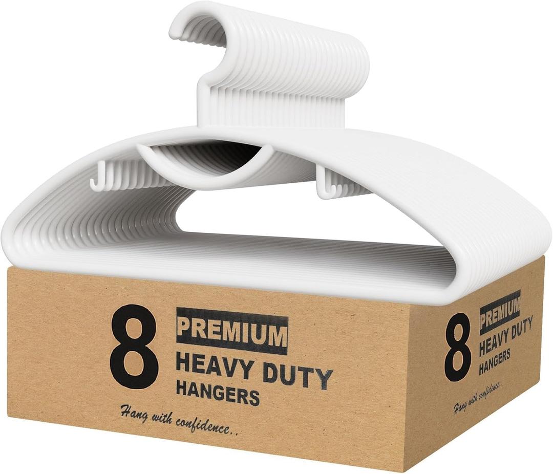 Plastic Clothes Hangers- Heavy Duty Plastic Hangers for Clothes, Coats, Dress, Suits- Non Slip Closet Cloth Hanger with Hook for Scarves, Belts & Ties- Snag Free White Hangers for Shirts (Pack of 8)