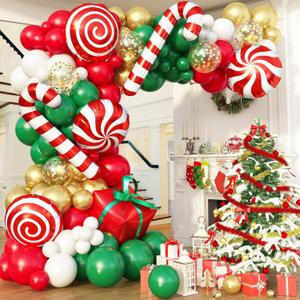 139PCS Christmas Balloon Garland Kit, Red Dark Green White and Metallic Gold Xmas Balloon Arch Set with Candy Cane Gift Box Foil Balloons for New Year Decor Holiday Birthday Party Decorations Supplies