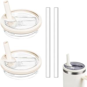 2 Pack 30 oz Replacement Tumbler Flip Straw Lid fit for Stanley Quencher, Leak Proof Lid Replacement for 30 OZ Stanley-H2.0 FlowState Tumbler, Spill Proof Reusable Lid (Beige)