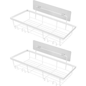 Bathroom Shelf with Towel Hooks Anti-Rust Organizer 2pcs Carbon Steel Shower Caddy Adhesive Tape Installation Hollow Bottom Design Wall-Mounted White