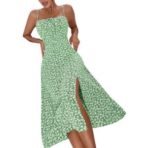 Floerns Women's Summer Split Thigh Spaghetti Strap Cami Midi Floral Dress (Large, Green Flower)