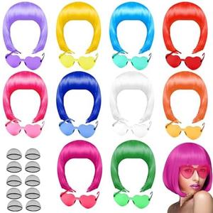PLULON 10 Pcs Colorful Bob Wigs with Heart Plastic Sunglasses Hair Cap for Women, Costume Colorful Cosplay Wig Daily Party Hairpieces for Bachelorette Neon Party Favors, Halloween Decorations