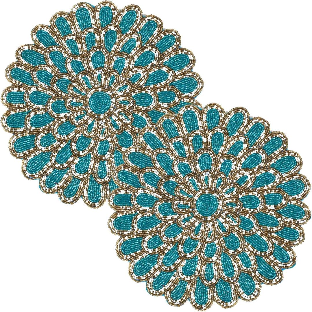 Beaded Placemats - Circle Placemat Set of 2 for Dining Table Decor - 13 Inch Fancy Gold - Teal Placemats for Thanksgiving, Boho Party, Christmas Table Centerpieces - Teal/Gold