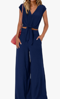 Neck Belted Crop Tops Wide Leg Pant Sets Casual Tracksuit, Size Large