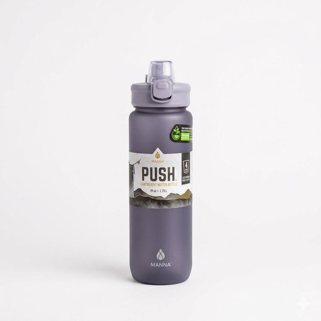 Manna Push Stainless Steel Bottle with Push-open Locking Lid and Sipping Spout - 39 Oz - Gray 