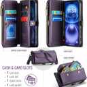 for iPhone 17 Wallet Case with Zipper Card Holder & Crossbody Lanyard Strap & Wrist Strap, RFID Blocking PU Leather Magnetic Flip Handbag Purse Case for iPhone 17 -Purple
