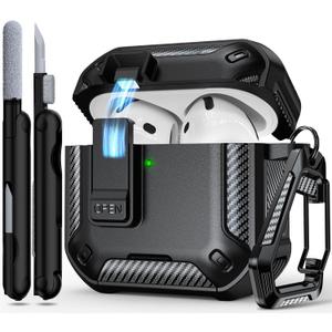 RFUNGUANGO for AirPods 4 Case, Compatible with AirPods 4th Generation Protective Case with Phone Stand & Cleaning Kit, Magnetic Automatic Lock, Compatible with MagSafe, Black