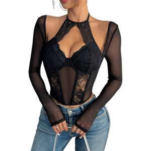 Sexy Sheer Lace Mesh Top for Women  Hollow-Out Halter Crop Bustier Long Sleeves Slim Fit Blouse (Medium, Black)