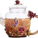 XUDREZ Glass Blooming Tea Teapot for Women - Red Rose Floral with Gold, 10.15oz/300ml