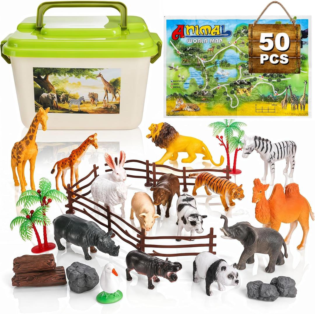 50 Pieces Farm Animal Figurines, Realistic Plastic Wild Animal Model Ornaments with Storage Box, Animals Themed Party Supplies Cake Topper, Including Pig, Horse, Cow, Sheep