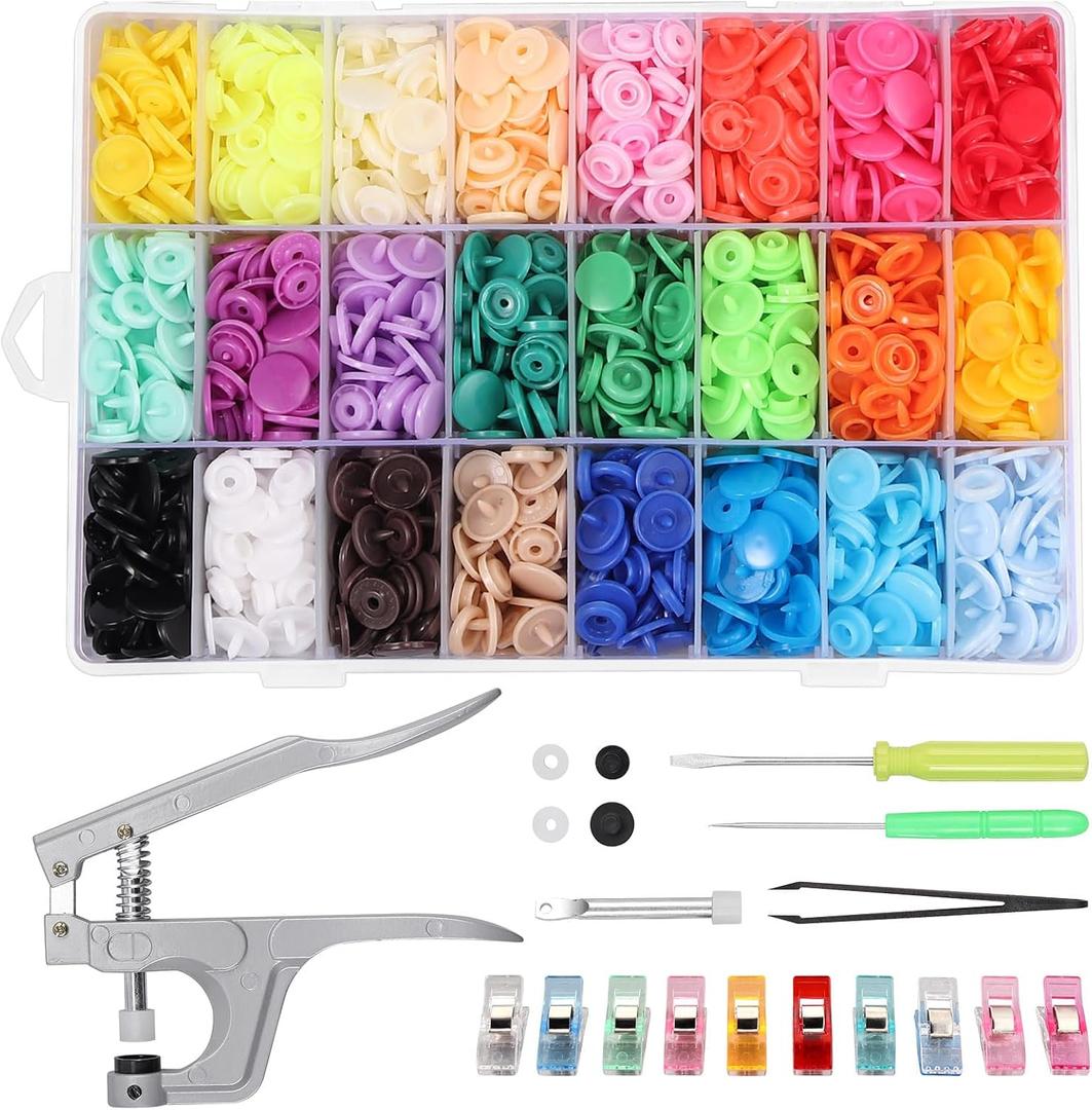 Kamtop Snaps and Snap Pliers Set, 408 Sets T5 Plastic Snap Buttons 24 Colors, Snap Fasteners Snap Press Pliers Snaps Starter Kit Snap Setter Tool for Clothes Sewing Bibs Rain Coat DIY Crafting