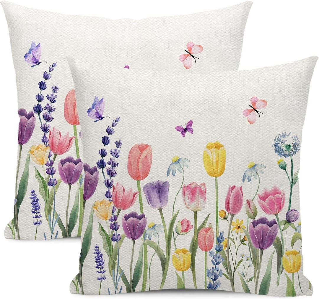 Spring Pillow Covers 22x22, Set of 2 Watercolor Flowers Lavender Butterful Tulip Decorative Throw Pillows Summer Spring Floral Pillowcase Farmhouse Outdoor Cushion Case for Couch Home Decor (22" x 22" (Pack of 2), Tulip 1)