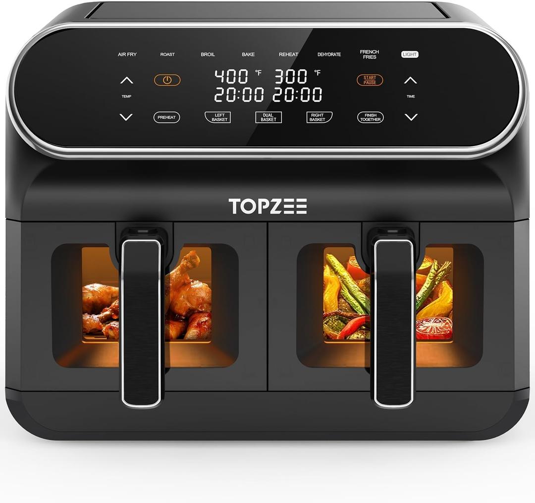 TOPZEE 8 Quart Large Air Fryer - Dual Basket Airfryer with Easy View Windows, Preheat, Air Fry, Roast, Broil, Bake, Dehydrate, 2 Independent 4 QT Nonstick Dishwasher Safe Baskets, Black