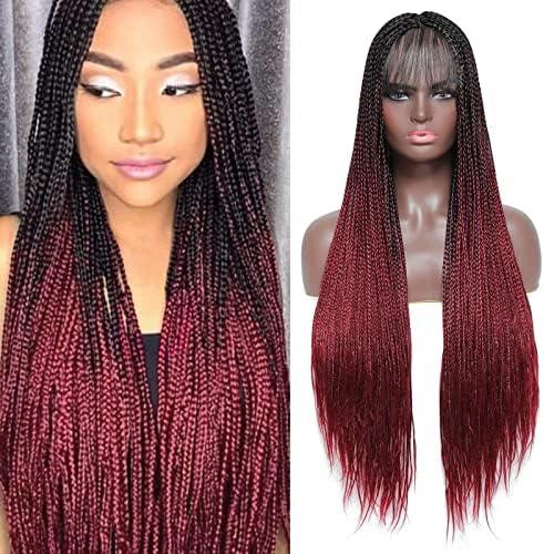ROSEBONY Box Braided Wigs for Black Women Burgundy Red 30" Long Micro Braids Wigs with Bang Synthetic Heat Resistant Fiber Small Braids (Fake Scalp Wig, 1b/burg)