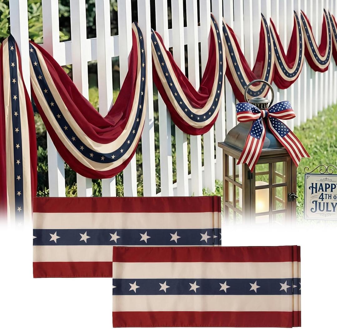 4th of July Decorations: 2pcs 1.6x18ft Vintage Retro American Flag Banner Outdoor Decorations for Front Door Porch Fence, Patriotic Fourth of July Decor for 250th Anniversary Memorial Independence Day