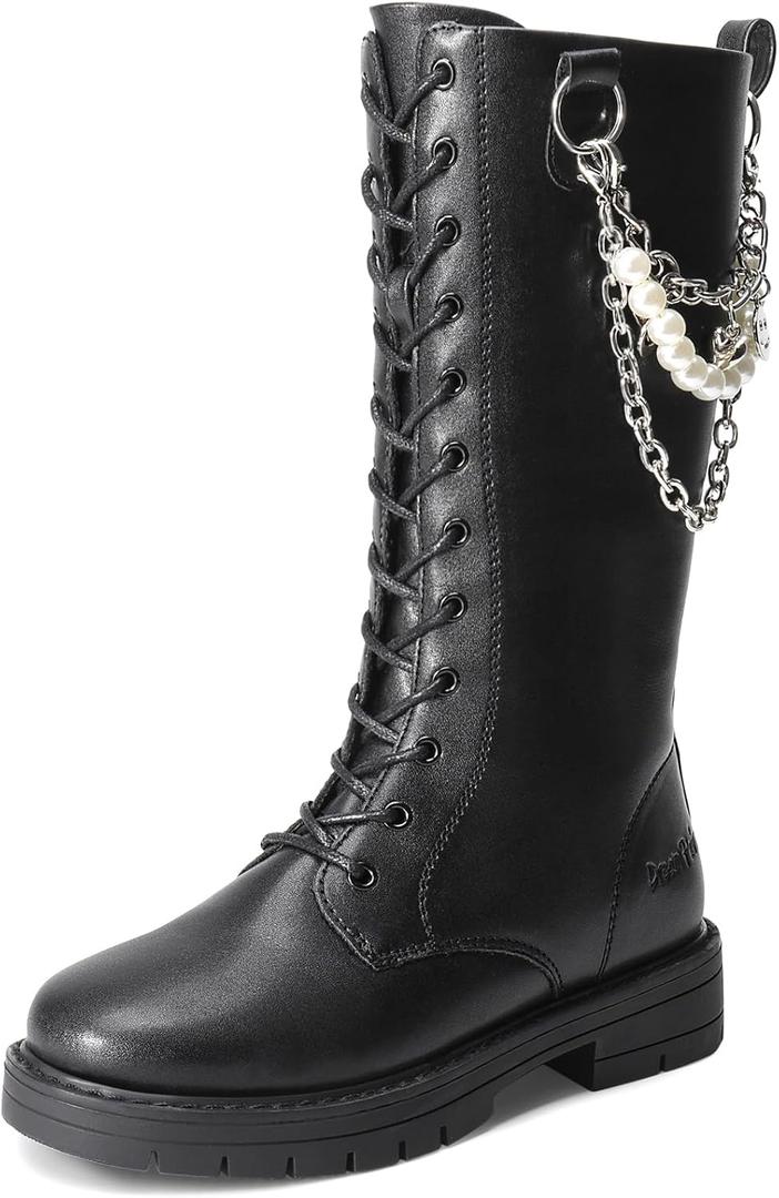 DREAM PAIRS Girls Riding Boots Knee High Side Zipper Mid Calf Shoes Little Kid/Big Kid (Black/Diy) Size 5 Big Kid