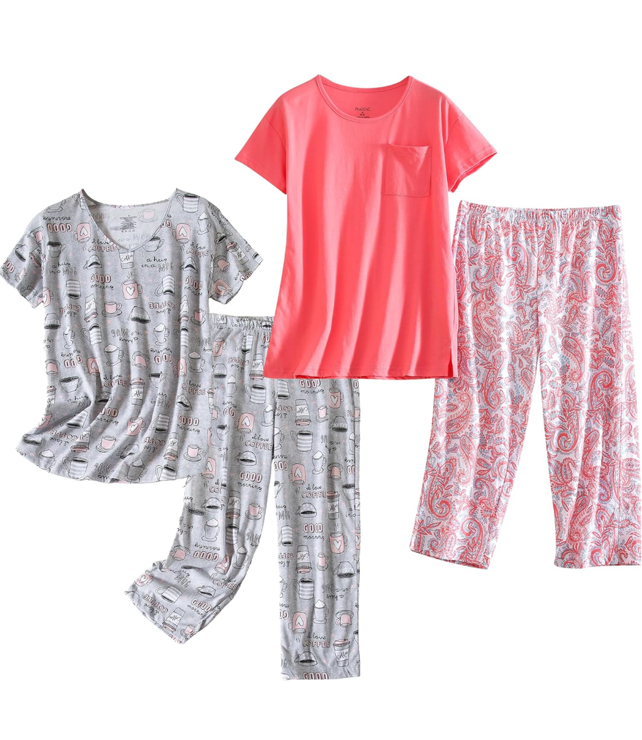 PNAEONG 2 Pack Women's Cotton Pajama Sets Short Sleeve Sleepwear Tops with Capri Pants Summer Loungewear Pj Sets, Size Medium 