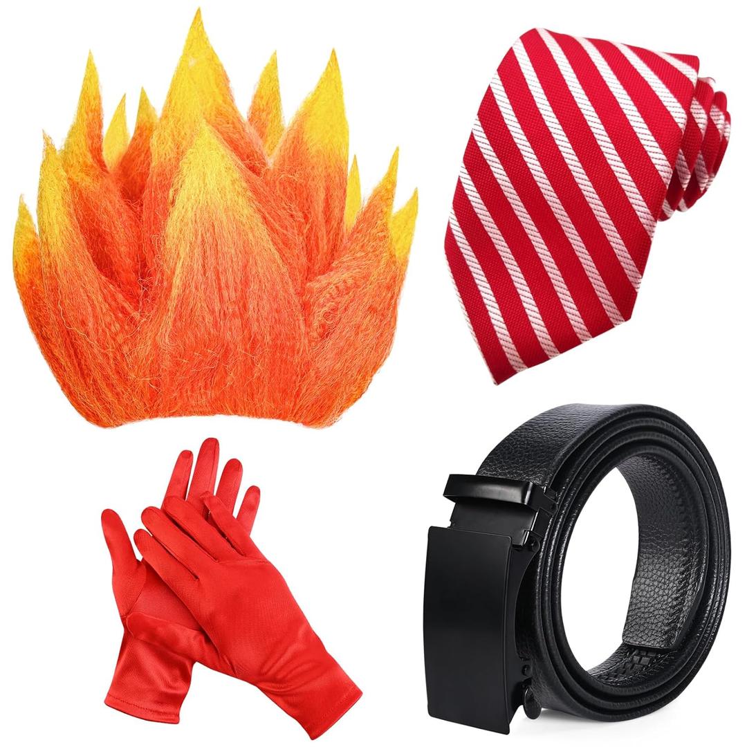 4 Pcs Halloween Angry Costume Include Flame Wig Stripe Tie Gloves and Belt for Men Women Dress up