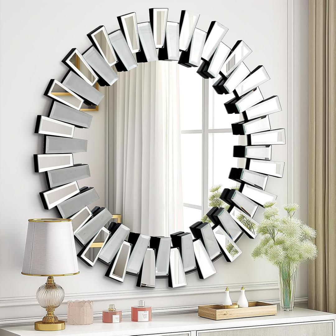QDSSDECO Round Mirror Sunburst Wall Mirror 31.5" Beveled Edge Frameless for Living Room Bathroom Bedroom Entryway Decor