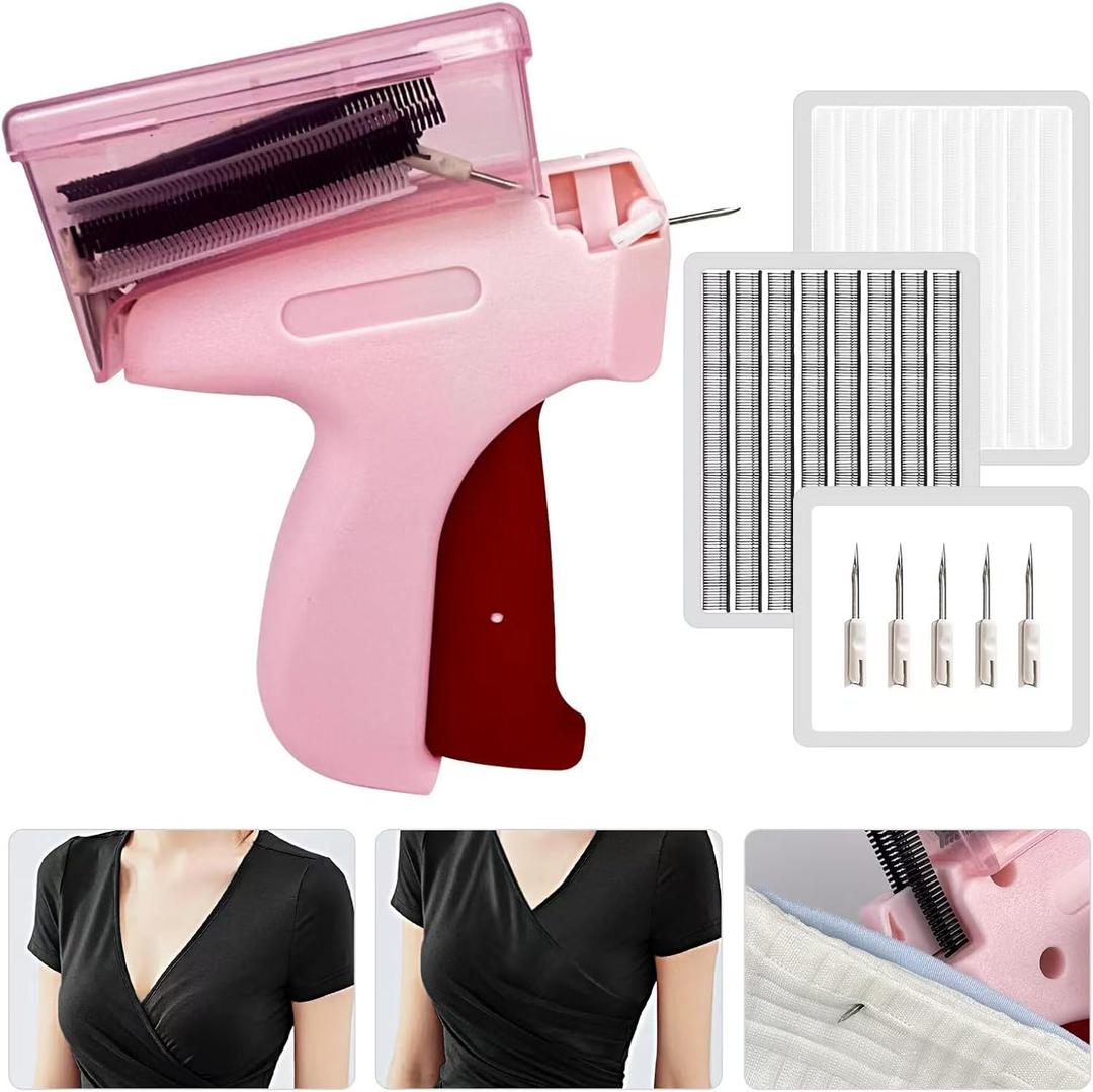 Stitch Gun,Quick Clothing Fixer,Mini Stitch Sewing,Handheld Stitch Gun for Clothes,Tagging Gun for Clothing with 5 Needles,1000 Black and 1000 White Fasteners (Pink, Large)