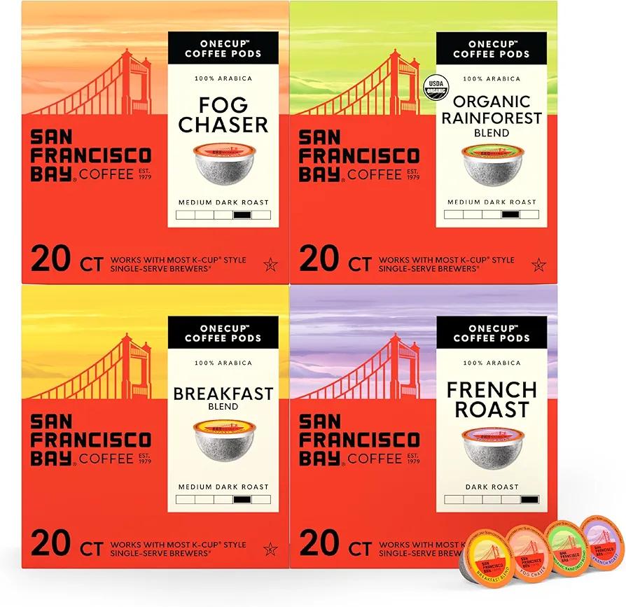 San Francisco Bay K-Cup Coffee Pods Favorite Four Variety Pack (80 ct), Includes French Roast, Fog Chaser, Organic Rainforest, & Breakfast Blend, Commercially Compostable Single-Serve Coffee Pods EXP. 05/05/2026