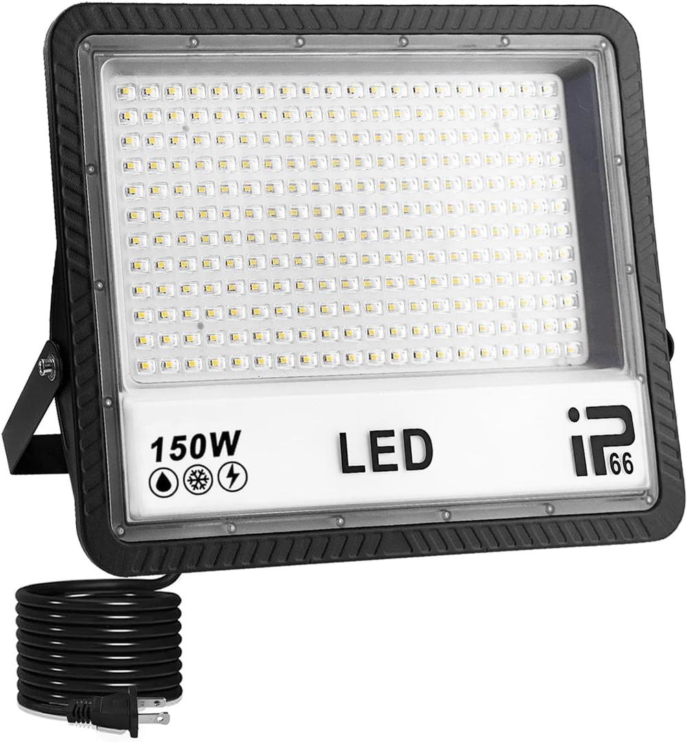 LED Flood Light Outdoor, 150W 15000LM Bright Outdoor Security Lights, IP66 Waterproof, LED Work Lights with Plug, 6500K Daylight White Floodlight for Outdoor, Yard, Garden, Garage, Lawn