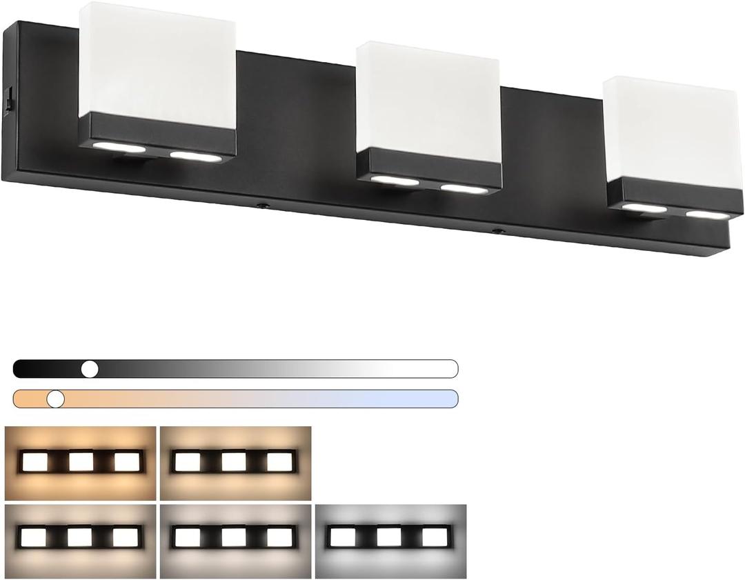 SineRise LED Modern Bathroom Vanity Light Fixtures (3-Light, 24-Inch, 5CCT), Matte Black Modern Acrylic Bathroom Wall Lighting Fixtures Over Mirror (3000K/3500K/4000K/5000K/6000K)